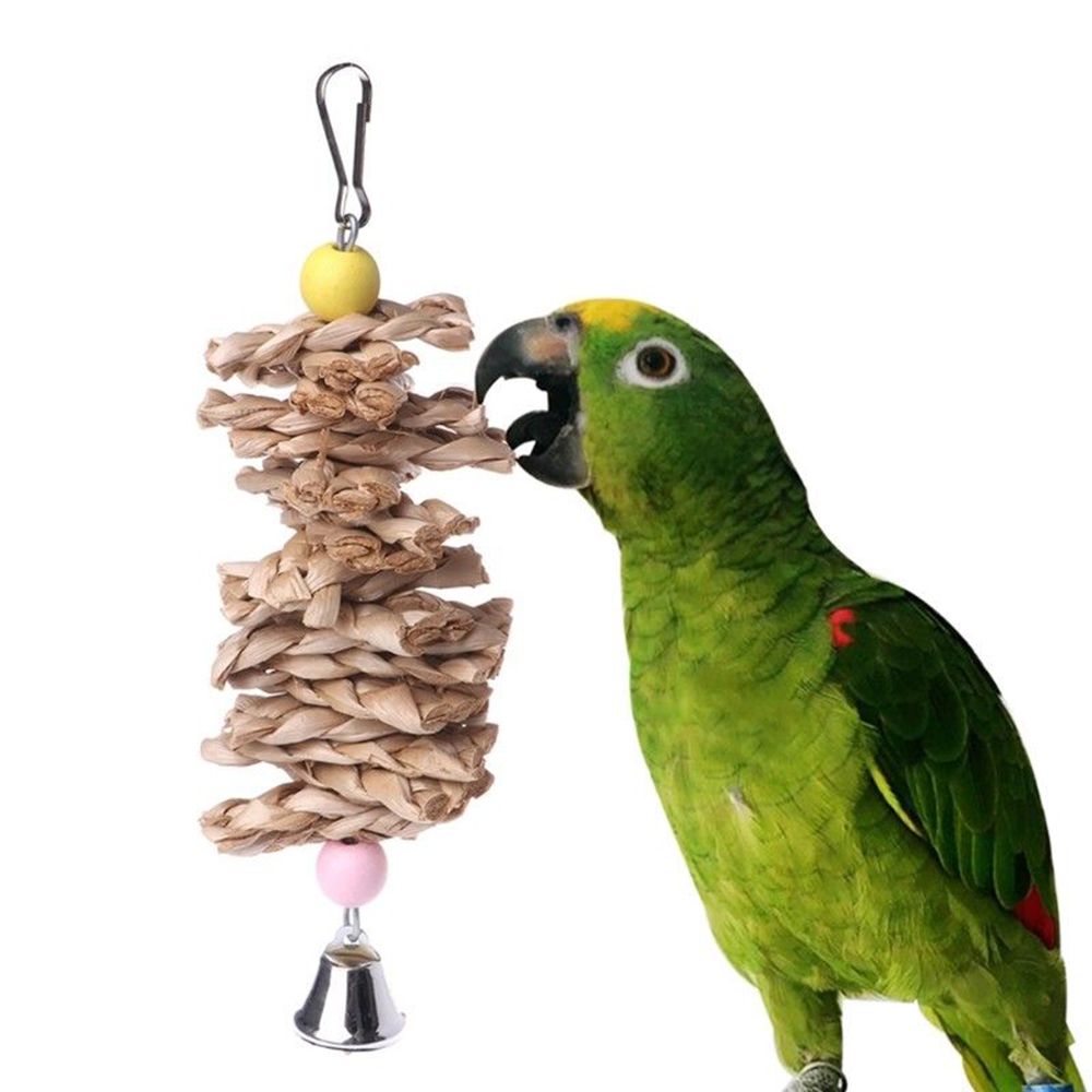 1pc Bird Parrot Toy Wooden Grass Chewing Bite Hanging Cage Swing Climb Chew Toys with Bell Natural Wood Christmas Gifts