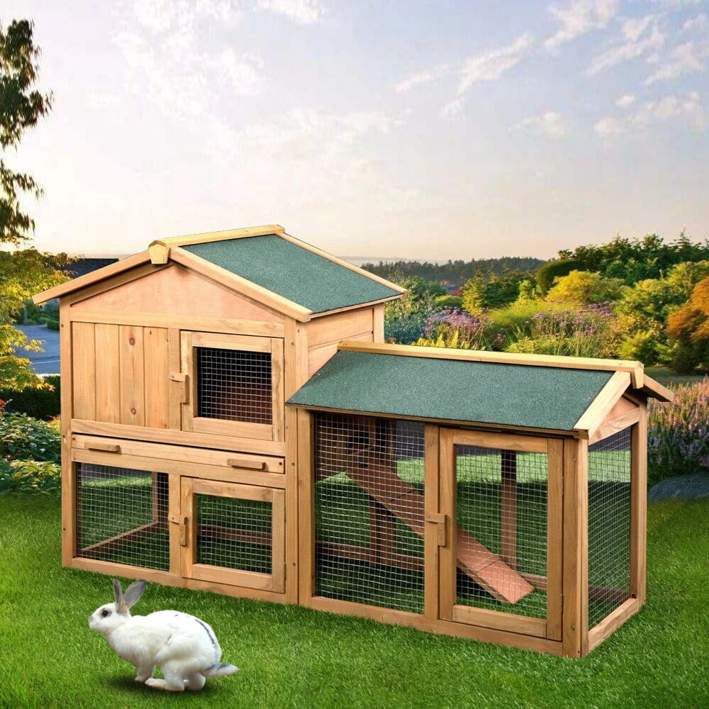 61″ Wooden Chicken Coop Hen House Large 2 Layer Rabbit Hutch Poultry Cage Habitat Open Base Fir Wood Color[US-Stock]