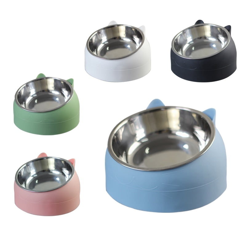 Cat Dog Bowl 15 Degrees Tilted Stainless Steel Cat Bowl safeguard Neck Puppy Cats Feeder Non-slip Crashworthiness Base Pet Bowls