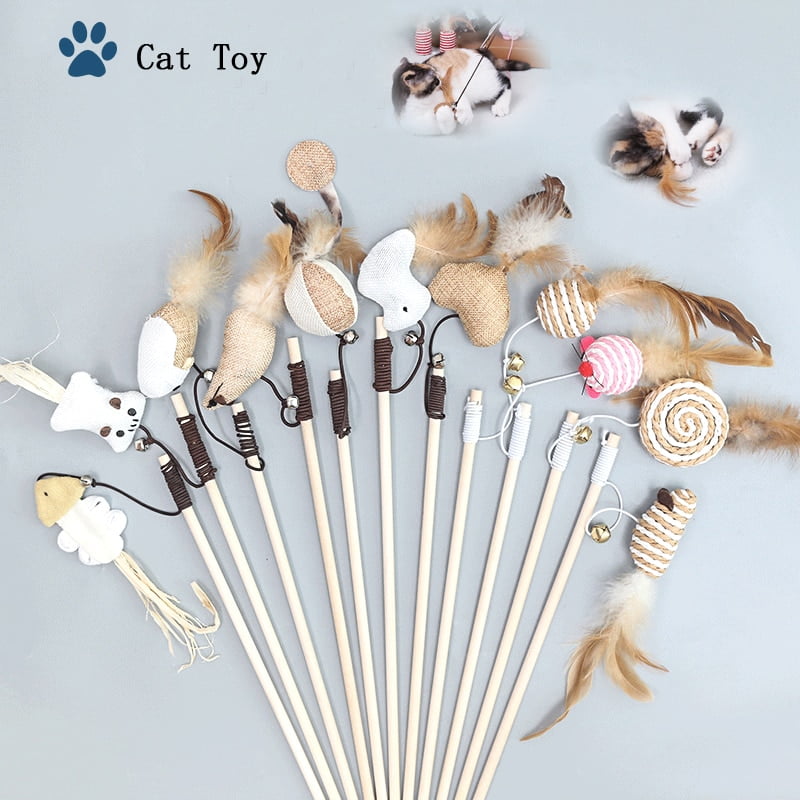 Creative Wood Pet Toys Cat Teaser Rod Interactive Funny Cat Rod Linen knitted Replacement Head Cat Accessories Pet Supplies