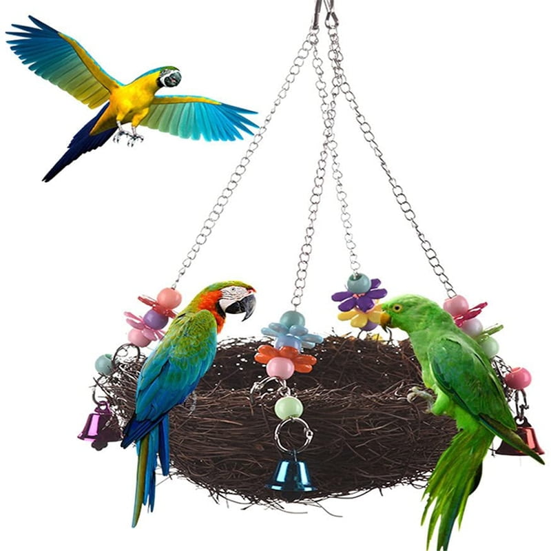 Natural Rattan Nest Bed Large Bird Swing with Bells for Parrot，Parakeet Cockatiel Lovebird Cockatoo Macaw Toy