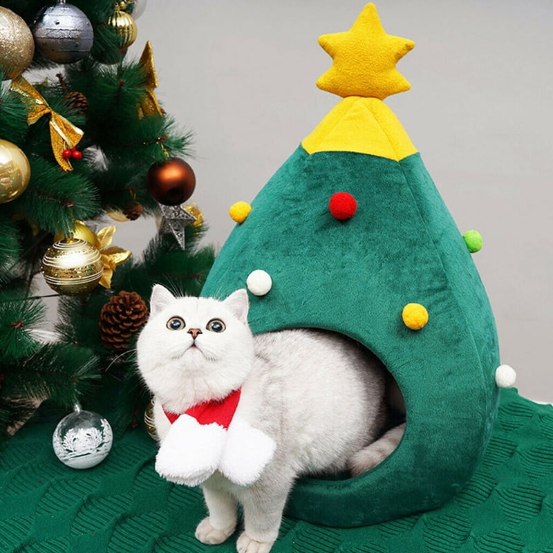 Pet Cat House Dog Bed Kennel Puppy Cave Warm Sleep Bed Christmas Tree Shape Winter Warm Bed Festival Theme Tree Hole Pet Supply