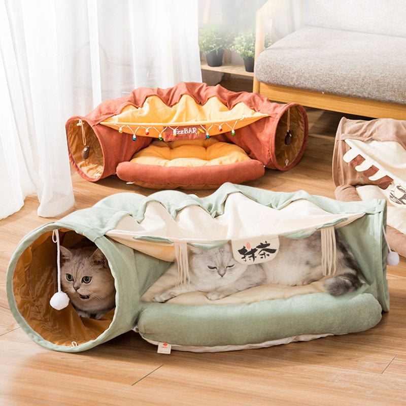 Pet Cat Toy Cat Tunnel Interactive Play Toy Pet Tube Collapsible Kitten Rabbit Play Tubes Ring Bell for Cat Ferrets Puppy Bed