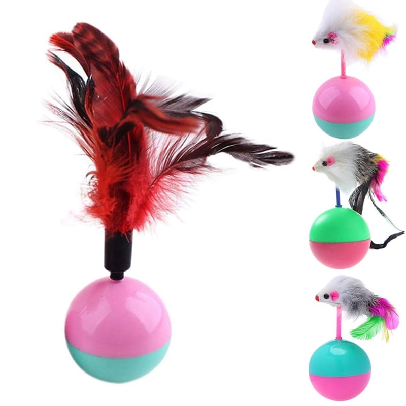 Pet Cat Tumbler Ball Toys with Colorful Feather Mice Kitten Interactive Training Chasing Solving Boredom Ball Toys Random Color